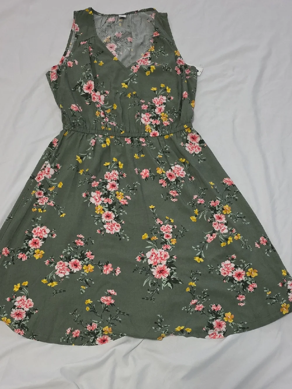 Olive Green Floral Sleeveless V-Neck Dress Size M - Picture 1 of 5